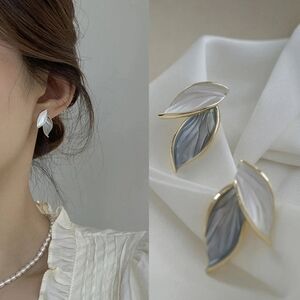 White Grey Leaf Overlay Gold Earrings